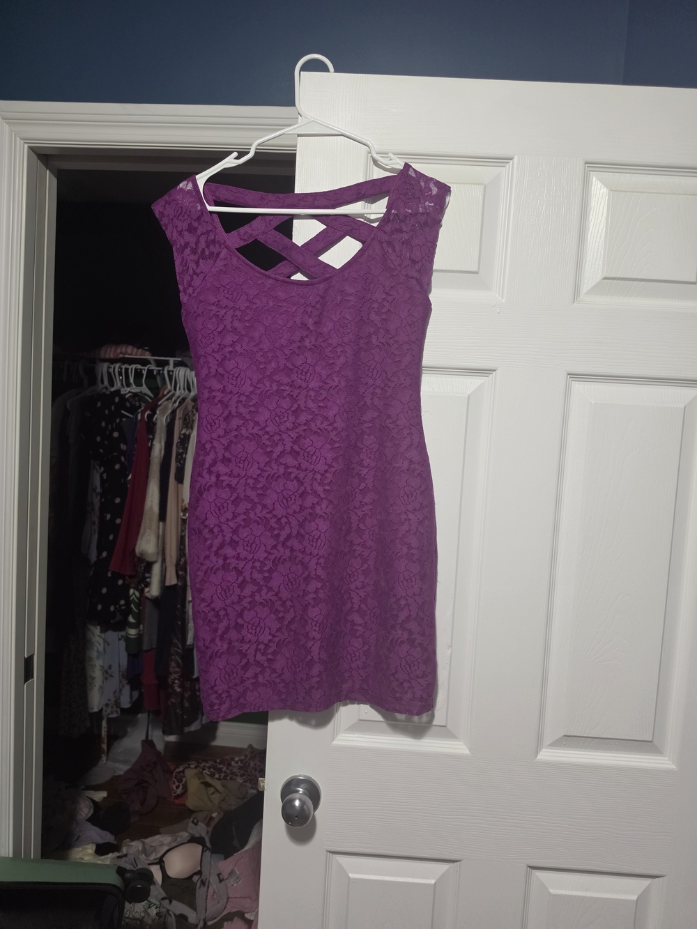 Nollie Purple Lace Mini Dress with Crisscross Back